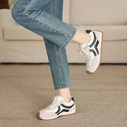 阿么手工女鞋透气百搭软底阿甘鞋2026冬季新款拼接系带休闲鞋3CM 商品图3