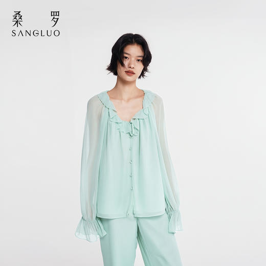 欧若风』桑罗圆领喇叭袖桑蚕丝睡衣套装女家居服可外穿2026新款 商品图2