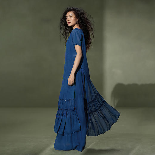 【林栖设计小店】植物染色|手工植物蓝苎麻三件套2026夏新款花边百搭套装1962053 商品图1