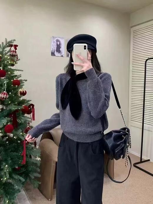 F032705春季新款温柔甜妹风丝绒蝴蝶结软糯亲肤针织圆领毛衣 商品图10