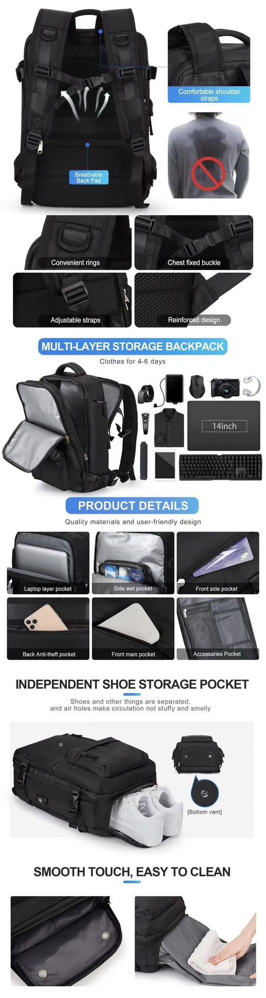 F0327101情侣款超大容量干湿两用+独立鞋仓多功能行李箱式大容量双肩包 商品图14
