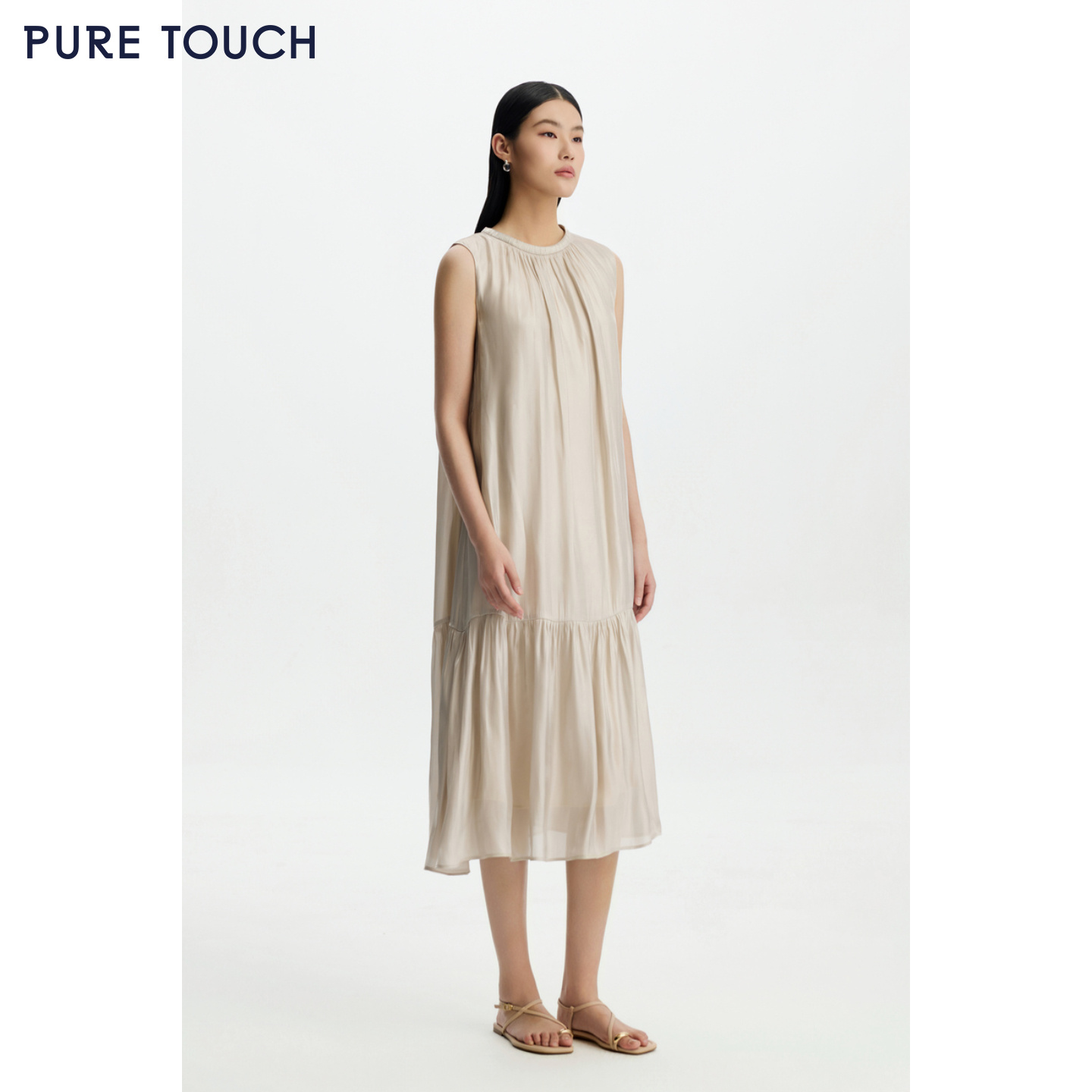 PURE TOUCH26春夏新款度假连衣裙珠光粉无袖抽褶中长裙系带收腰裙