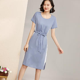 芳外系带收腰显瘦夏季连衣裙简约优雅圆领短袖撞色雪纺连衣裙4181/4310