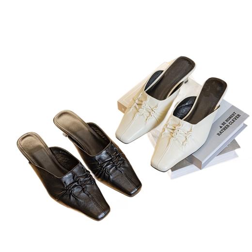 头层羊皮方头褶皱粗跟低跟包头拖鞋 商品图4