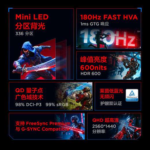 【FFALCON雷鸟】雷鸟32Q7 31.5英寸2K180Hz QD-MiniLED高刷电竞显示屏 广色域 旋转升降 HDR600 护眼办公电脑显示器R32Q71 商品图1