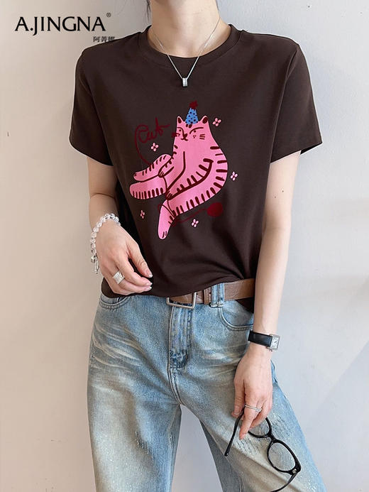 【减龄百搭】阿菁娜春季新款卡通猫咪印花AB面短袖T恤F31C301023 商品图4