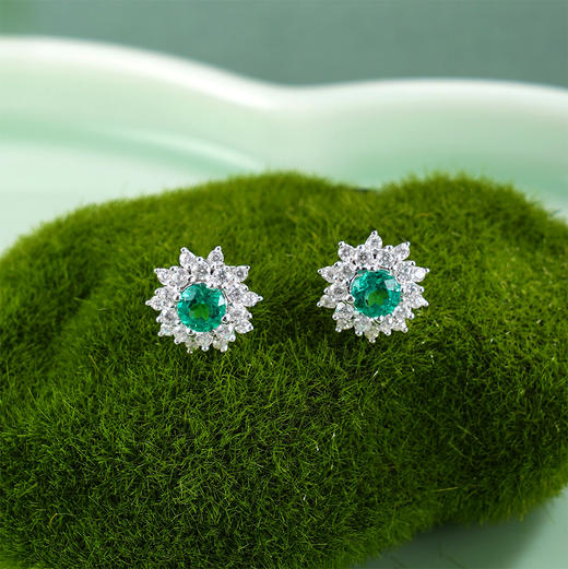 子佩集【花开传情】银S925耳钉【EM3123-XF】时尚培育宝石祖母绿太阳花2602 商品图0