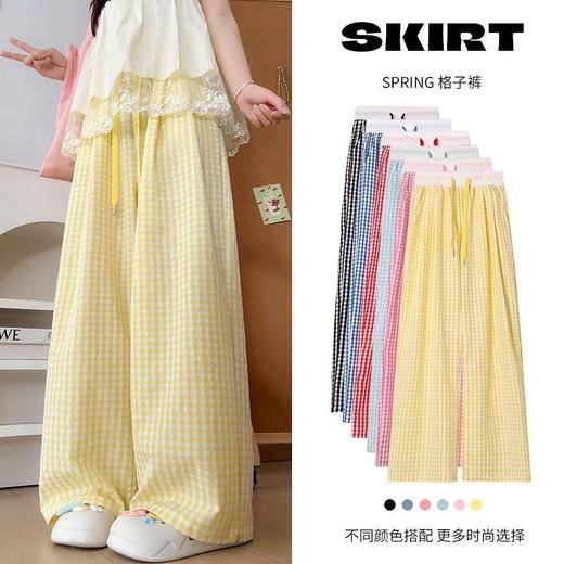 【清新元气❗️格子直筒裤】高弹宽松遮肉，抽绳松紧腰，通勤居家都能穿，百搭各种上衣，夏日出门超轻松，休闲宽松格纹女裤，多巴胺格子裤薄款高腰小个子阔腿裤L 商品图0