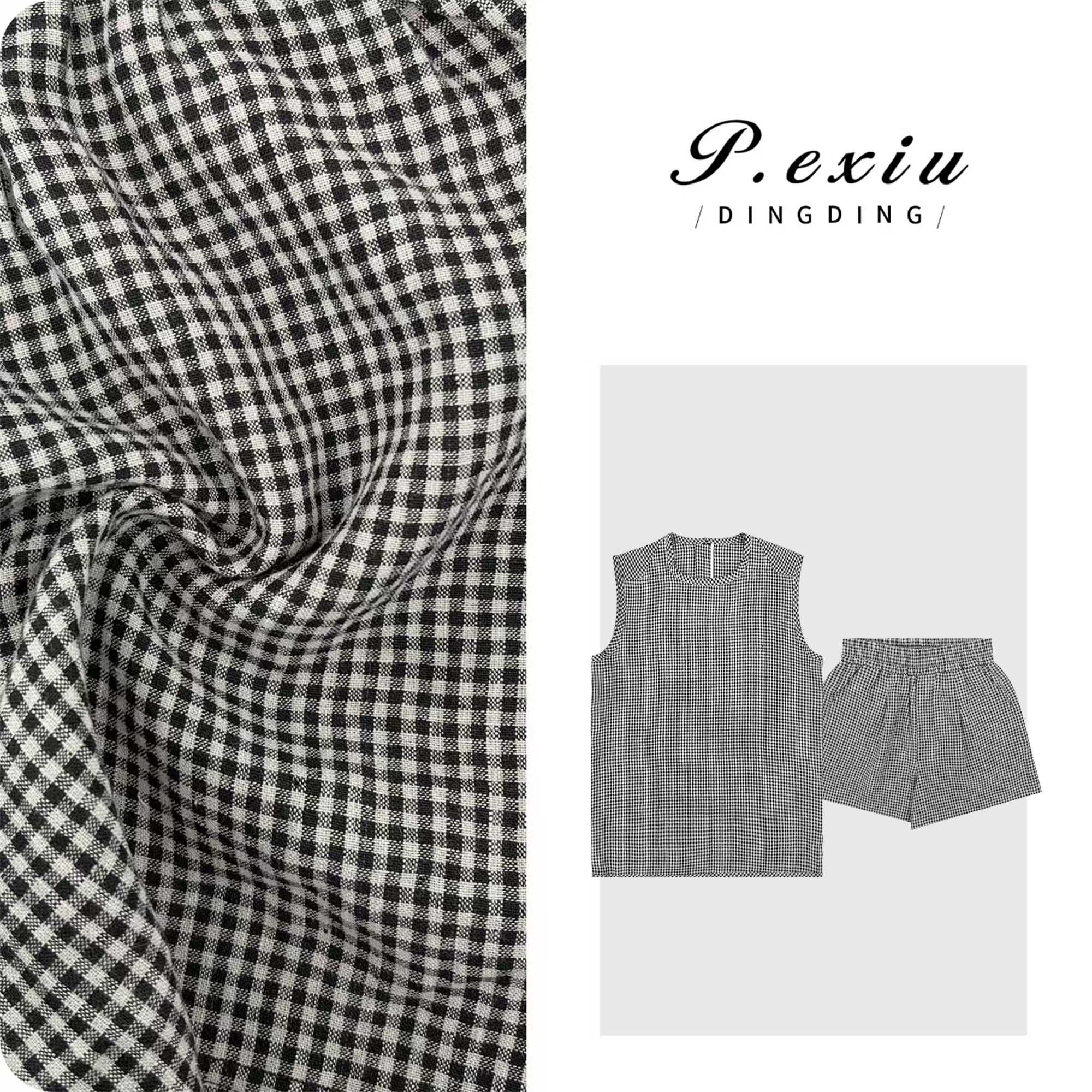 03-5潘依绣丁丁宠粉【夏日乐章】100%亚麻色织格纹背心短裤套装M8822