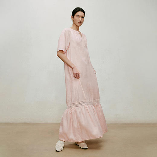 【林栖设计小店】漫芳华|肉粉色花边温柔百搭宽松2026夏新款立领连衣裙1962092 商品图1