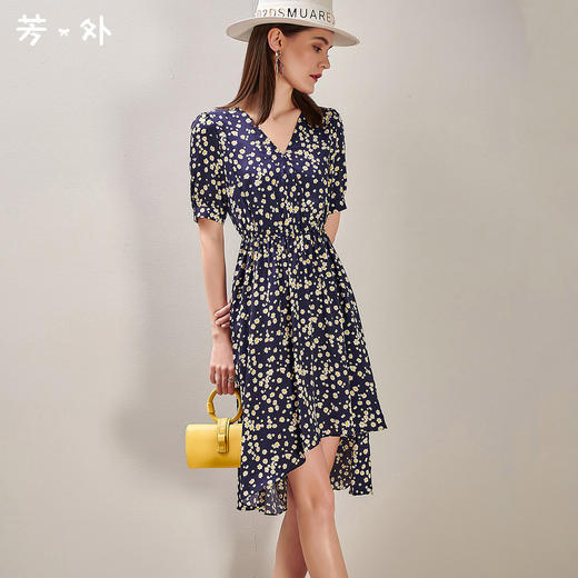 【不规则裙摆】芳外新款夏季小雏菊碎花高腰修身连衣裙0720 商品图0