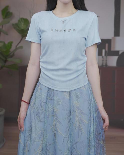 司歌针织弹力收腰短袖夏女T恤T93G1027 商品图0