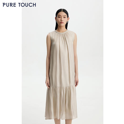 PURE TOUCH26春夏新款度假连衣裙珠光粉无袖抽褶中长裙系带收腰裙 商品图4