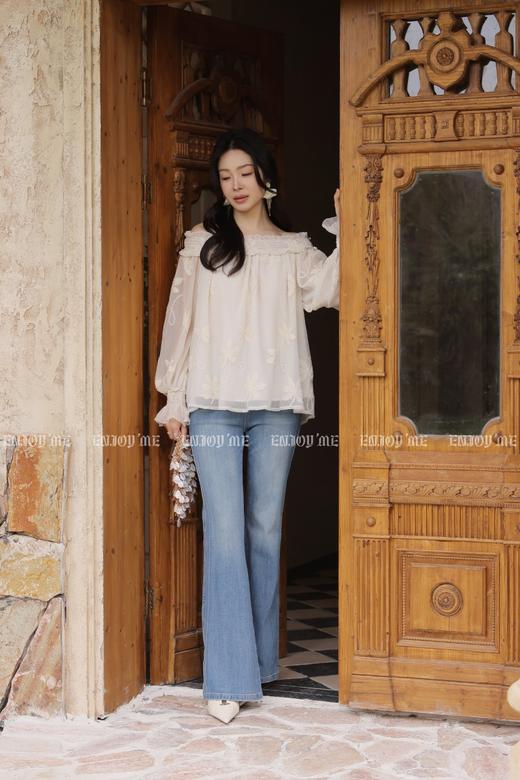 【门店同款】ENJOY夏季树叶刺绣花压褶一字肩上衣 170643842 商品图4