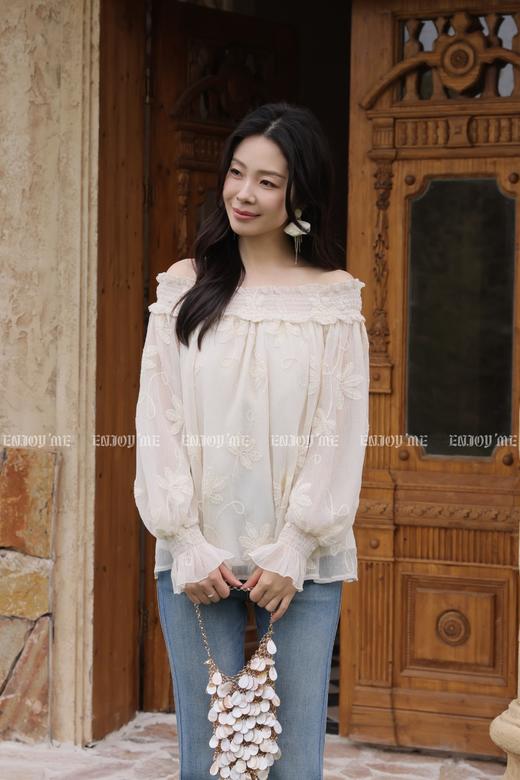 【门店同款】ENJOY夏季树叶刺绣花压褶一字肩上衣 170643842 商品图1