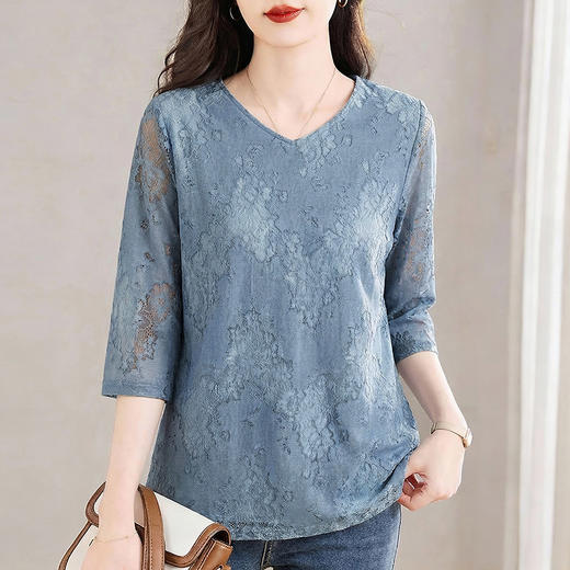 七分袖蕾丝衫T恤女士2026春季新款V领宽松洋气减龄上衣大码显瘦 商品图4