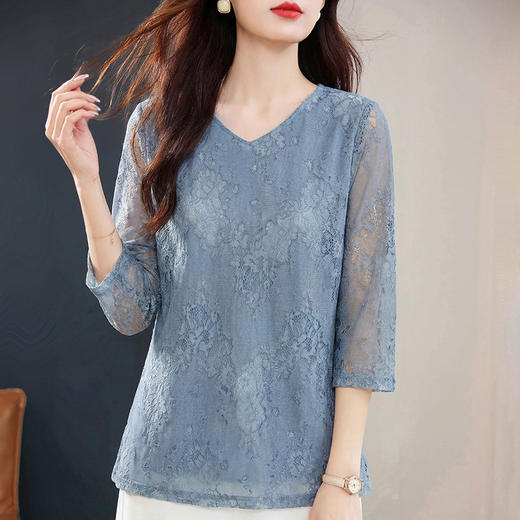 七分袖蕾丝衫T恤女士2026春季新款V领宽松洋气减龄上衣大码显瘦 商品图0