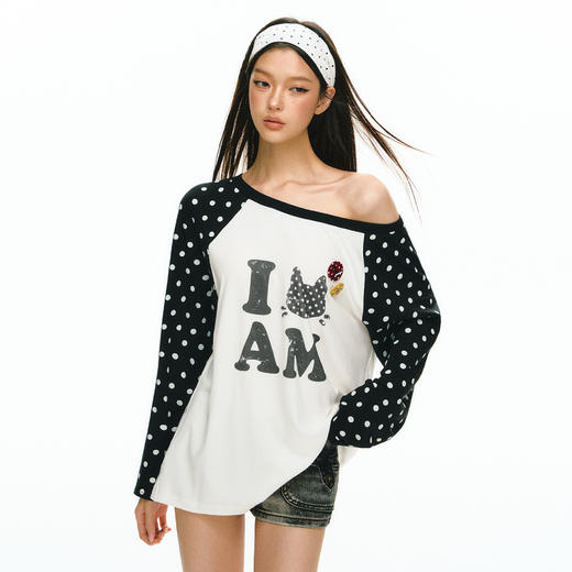 Ariseism 撞色波点印花宽松罩衫长袖T恤女春季新款露肩上衣 商品图3