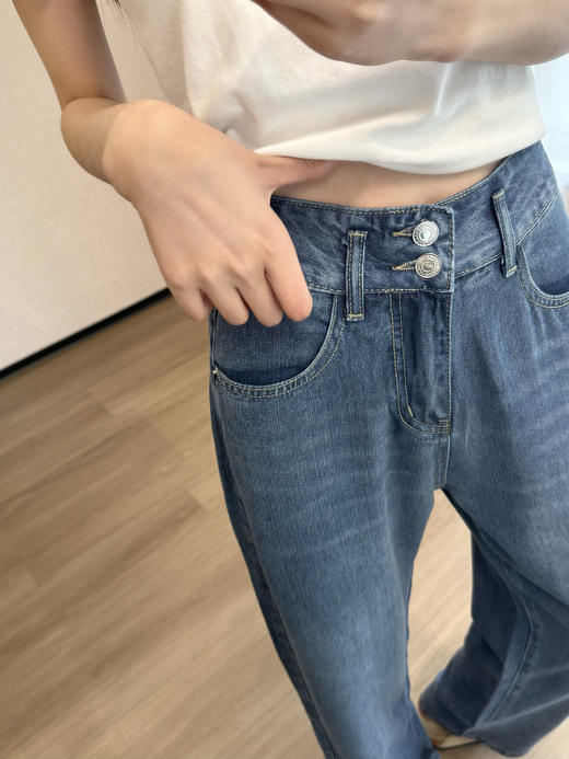 新款微直筒两粒扣高腰不挑腿型360°四面超弹土耳其牛仔裤 商品图1