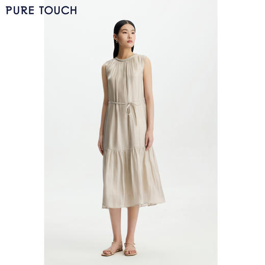 PURE TOUCH26春夏新款度假连衣裙珠光粉无袖抽褶中长裙系带收腰裙 商品图3