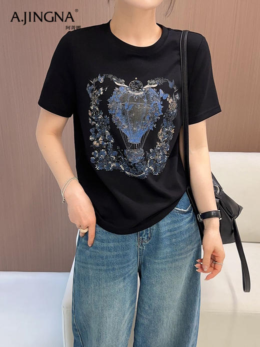 【日常通勤】阿菁娜春季新款复古热气球印花AB面短袖T恤F31C301022 商品图3