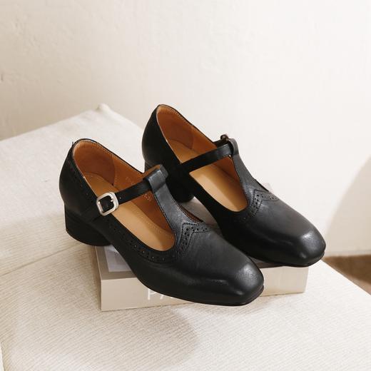 复古头层牛皮圆头搭扣粗跟中跟丁字鞋 商品图3