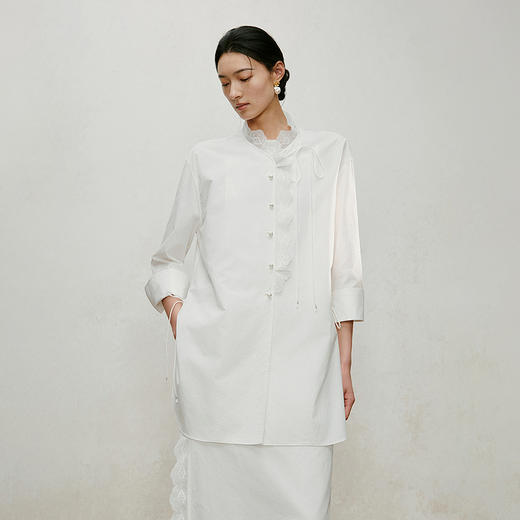 【林栖设计小店】手工系带|白色优雅国风百搭镂空花边2026夏新款纯棉衬衣1962087 商品图1