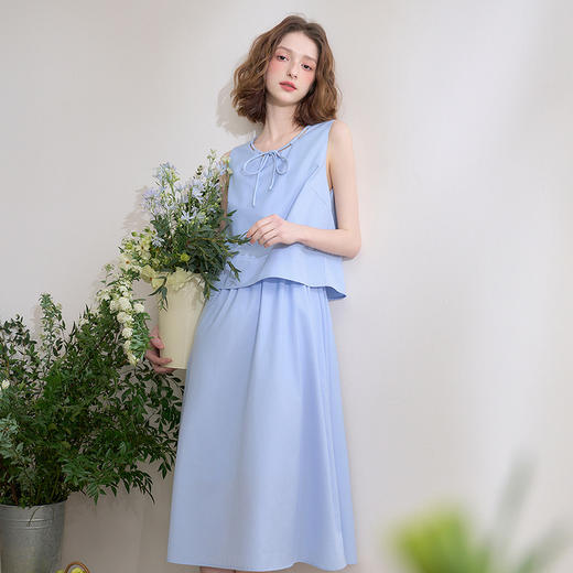 【限时秒杀】【设计感假两件】清新淡雅无袖背心裙女春季蝴蝶结连衣裙LXD50319 商品图0