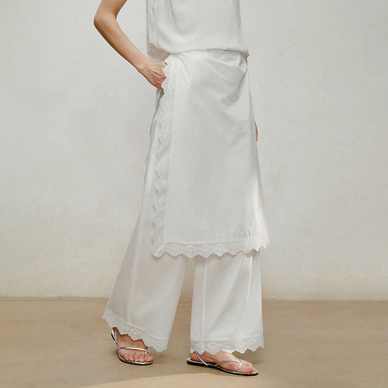 【林栖设计小店】花影流光|纯棉优雅百搭屁帘镂空花边拼接夏新款阔腿裤子1962137