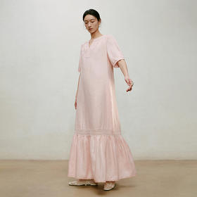 【林栖设计小店】漫芳华|肉粉色花边温柔百搭宽松2026夏新款立领连衣裙1962092