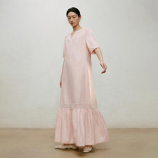 【林栖设计小店】漫芳华|肉粉色花边温柔百搭宽松2026夏新款立领连衣裙1962092 商品图0