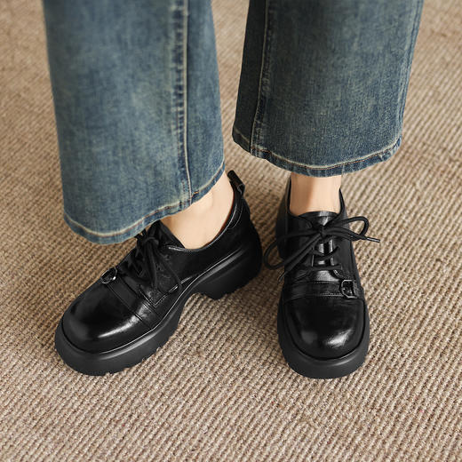 阿么手工女鞋学院风系带小皮鞋女新款百搭扣带圆头复古乐福鞋6CM 商品图4