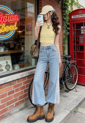 <曾小咸推荐>钉珠拼接蕾丝天丝牛仔裤 日常189 活动159 ！！【预售款，预计3-15天发货】