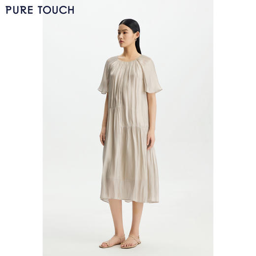 PURE TOUCH女26春夏新款连肩飞飞袖连衣裙珠光微闪抽褶度假中长裙 商品图0