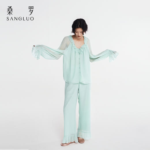 欧若风』桑罗圆领喇叭袖桑蚕丝睡衣套装女家居服可外穿2026新款 商品图4
