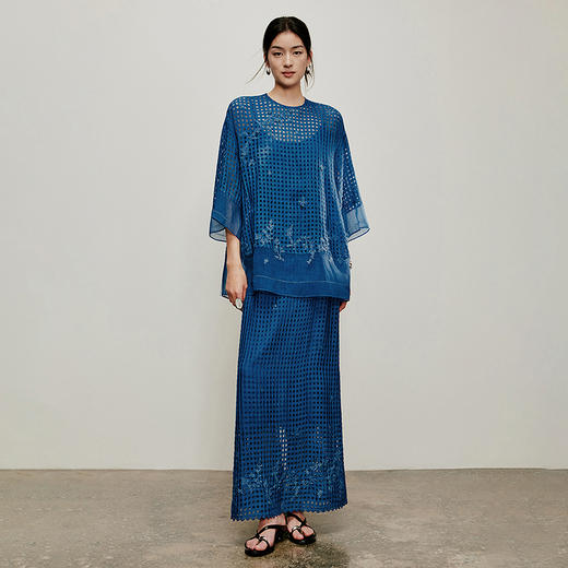 【林栖设计小店】植物染色|手工钉花格纹绣花宽松显瘦2026夏新款半身裙1962202B 商品图1