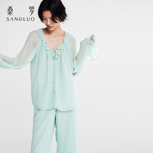 欧若风』桑罗圆领喇叭袖桑蚕丝睡衣套装女家居服可外穿2026新款 商品图1