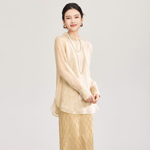 「高货wl」全新升级【铂金会员257/天猫339/差价82】(12000)洛诗琳新中式人丝衬衫2026春夏新款晕染印花立领国风上衣 商品图0