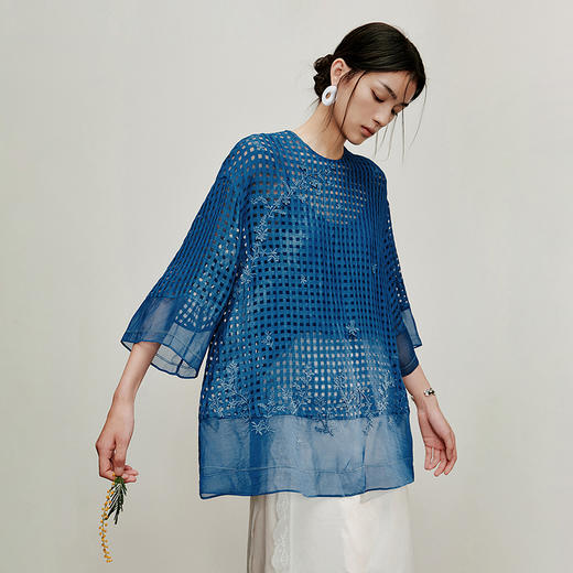 【林栖设计小店】植物染色|手工钉花格纹绣花新中式2026夏新款衬衣两件套1962191B 商品图1