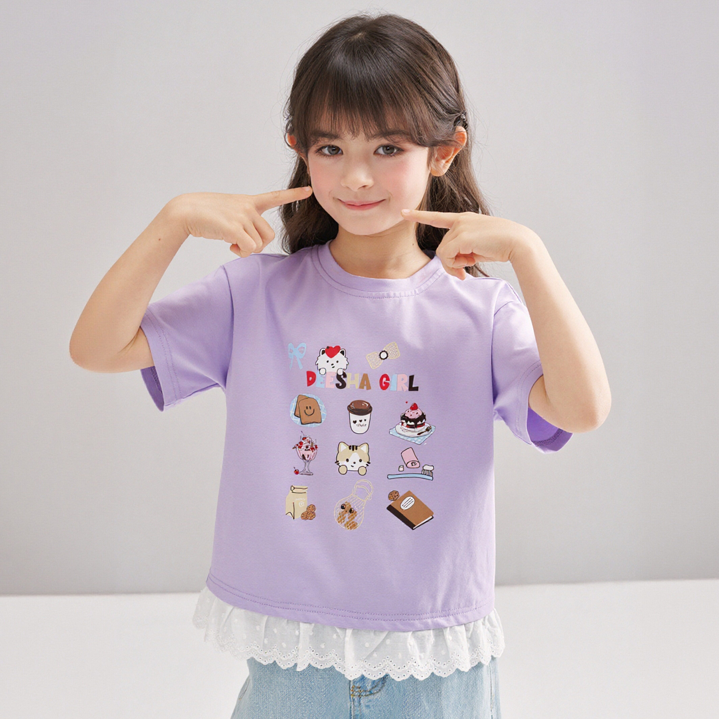 笛莎Deesha 2026年夏季新款松饼熊女童短袖T恤