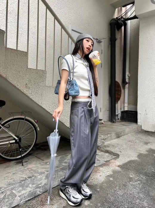 328-3 王心凌同款 ann女士条纹 阔腿 西装裤 潇洒恣意 亲肤垂坠 腰围弹力 商品图8