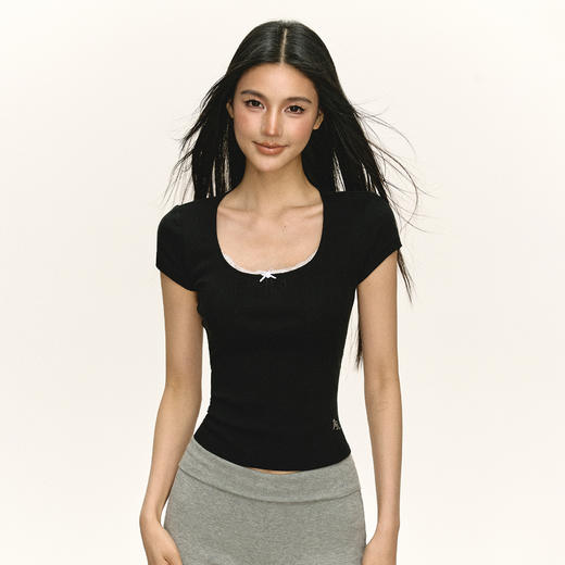 Ariseism 美式复古蝴蝶结镂空短袖T恤女夏季新款上衣 商品图2
