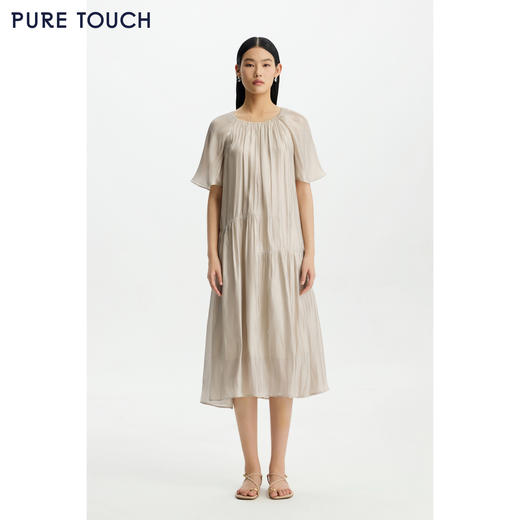 PURE TOUCH女26春夏新款连肩飞飞袖连衣裙珠光微闪抽褶度假中长裙 商品图1
