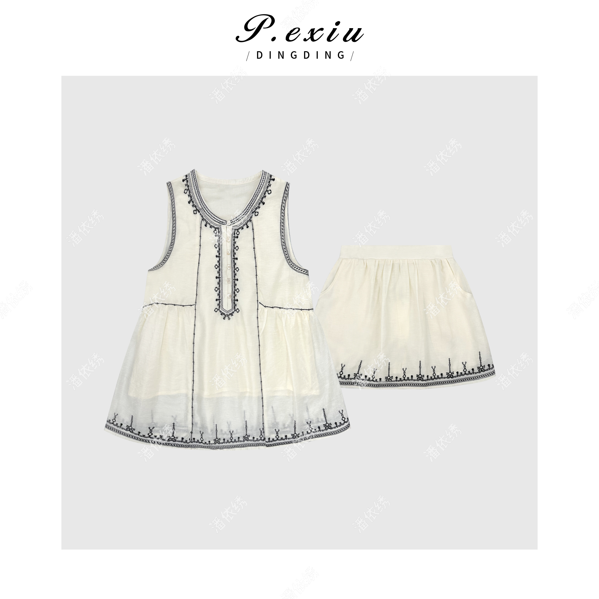 03-5潘依绣丁丁宠粉国风重工刺绣无袖背心短裤套装Q3051