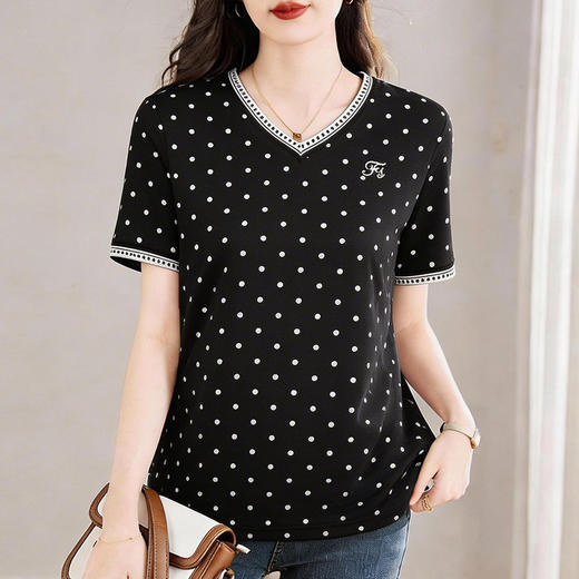 黑色波点V领短袖T恤女2026夏季新款大码女装宽松显瘦洋气减龄上衣 商品图0