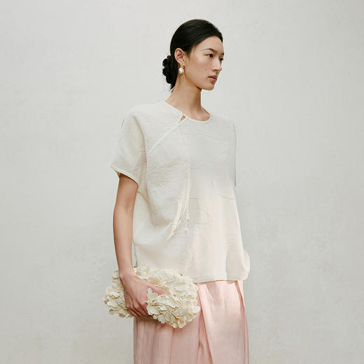 【林栖设计小店】手工盘扣|米白提花国风气质针织衫2026夏新款毛织上衣1962101 商品图1