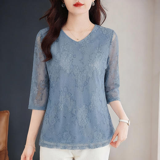 七分袖蕾丝衫T恤女士2026春季新款V领宽松洋气减龄上衣大码显瘦 商品图2