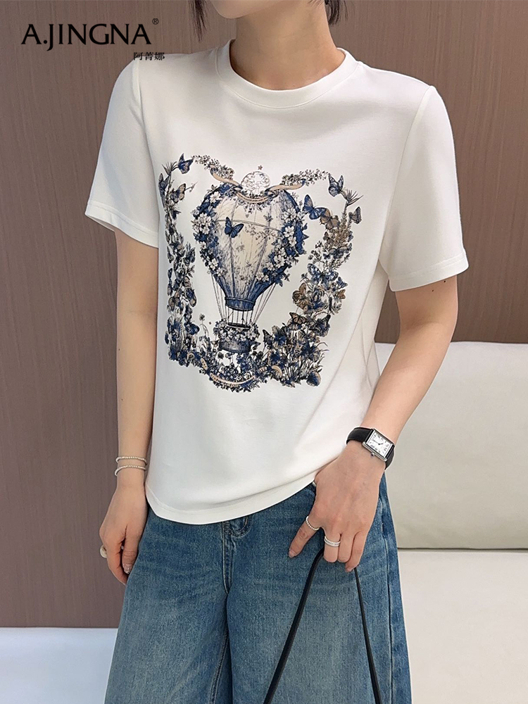 【日常通勤】阿菁娜春季新款复古热气球印花AB面短袖T恤F31C301022