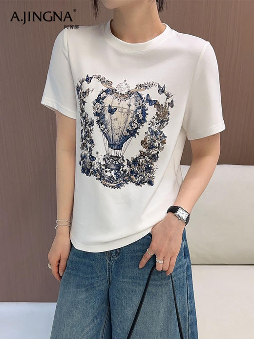 【日常通勤】阿菁娜春季新款复古热气球印花AB面短袖T恤F31C301022 商品图0