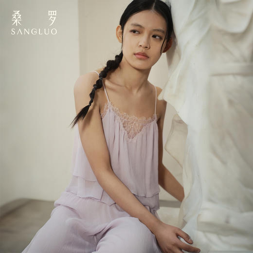 温柔性感』桑罗吊带长裤真丝睡衣套装100%桑蚕丝女家居服可外穿 商品图1